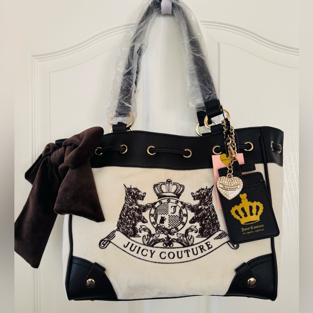 Juicy Couture Classic Scottie Dogs Tote Crystal White & Chocolate Brown NWT
